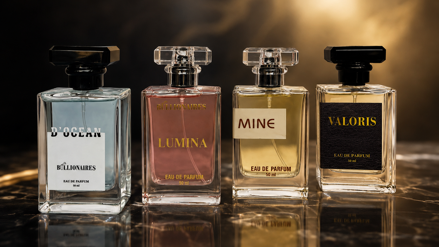 Billionaires Scent fragrance bottle on dark marble